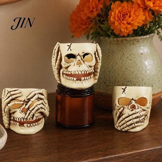 Indoor Halloween Decor Skull Candle Holder Decor, Resin Gothic Table Ornament, Spooky Shelf Festive for Party Home, Trick or Treat Centerpiece Gift