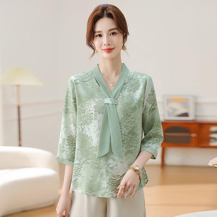 Fashion Printed Spring and Autumn Shawl Collar Women's Fashion Floral Checked Mid Sleeved Loose Chiffon Tops