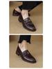 Women's French Retro Leather Camellia Loafers - Round Toe, Chunky Heel, Slip-on