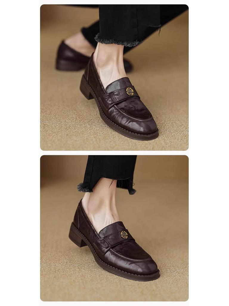 Women's French Retro Leather Camellia Loafers - Round Toe, Chunky Heel, Slip-on