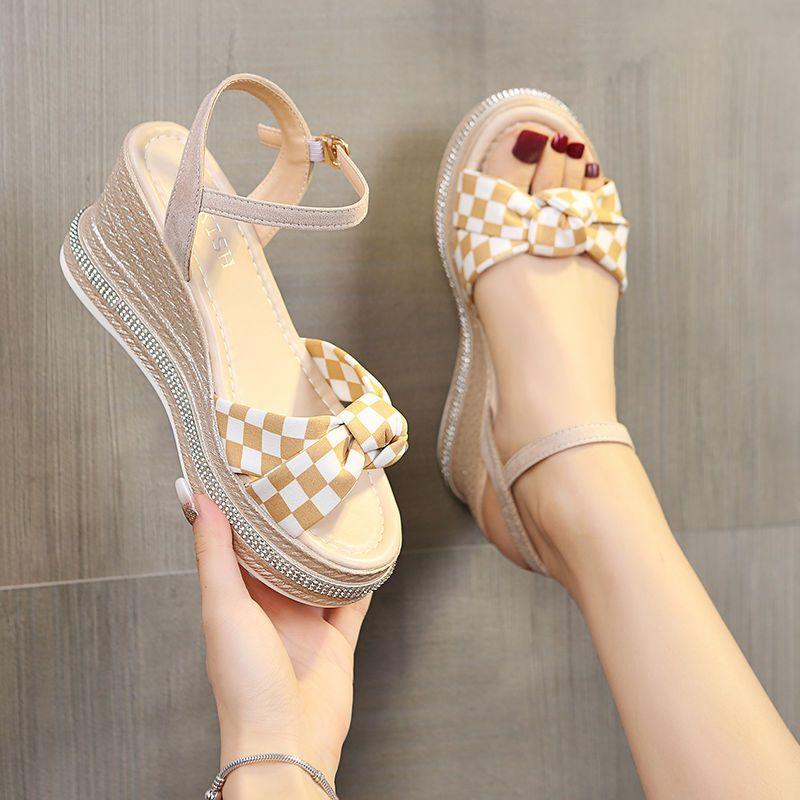 Woman Shoes Checkerboard Grid Platform Bow Sandals for Women Wedges Heel Sandal on Offer Pvc Comfort Footwear Sale Sales Daily
