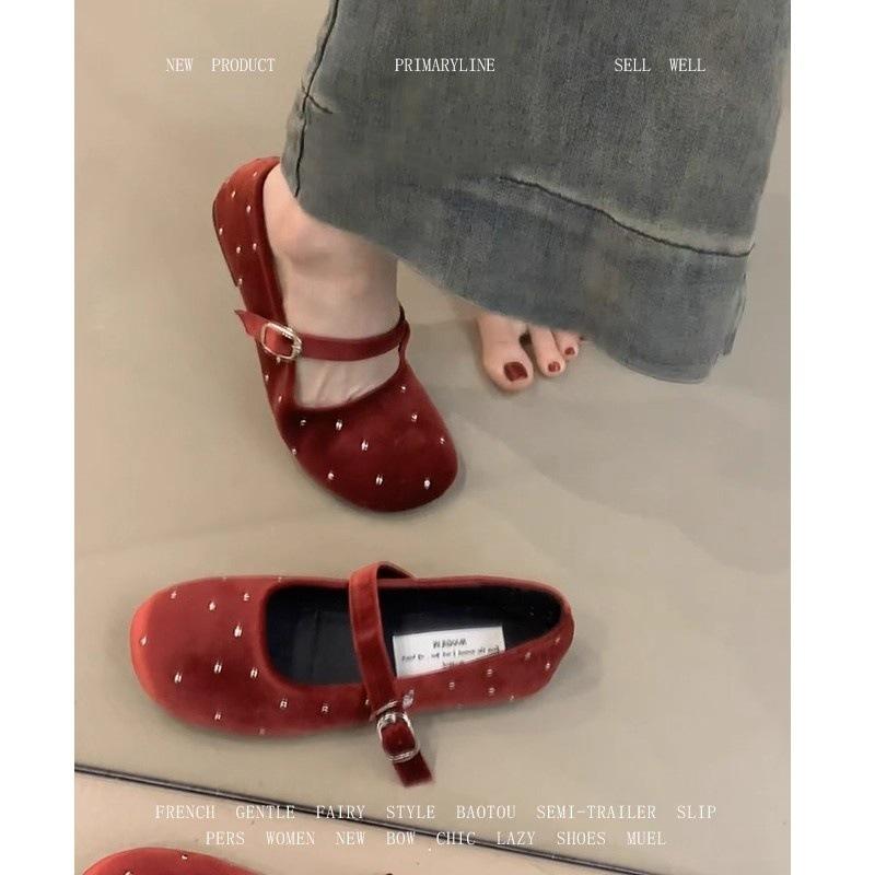 Sheepskin Version~ French Velvet Gypsy Flat-soled Single Shoes Women's Retro Red Square Head with Mary Jane Shoes