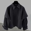 Men Shirt Lapel Long Sleeve Solid Color Splicing Fake Two-Piece Design Pullover Tops Loose Fit Casual Shirt Work Wear