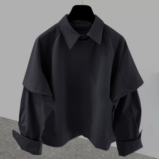 Men Shirt Lapel Long Sleeve Solid Color Splicing Fake Two-Piece Design Pullover Tops Loose Fit Casual Shirt Work Wear