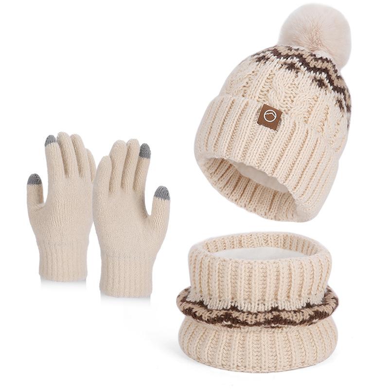 Winter hat, scarf, gloves, three-piece set, outdoor cold-proof and warm pullover hat, fleece ear protector, knitted wool hat for women