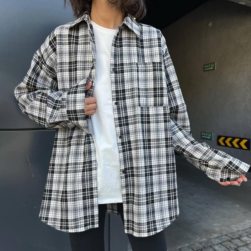 American fashion retro black and white plaid shirt women's medium and long niche outer stacked shirt oversiez women's clothing