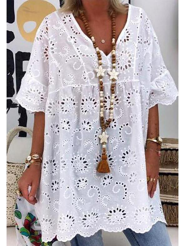 

Европейское и американское женское платье-накидка с V-образным вырезом, полым вышитым коротким рукавом (2023) XXL белый