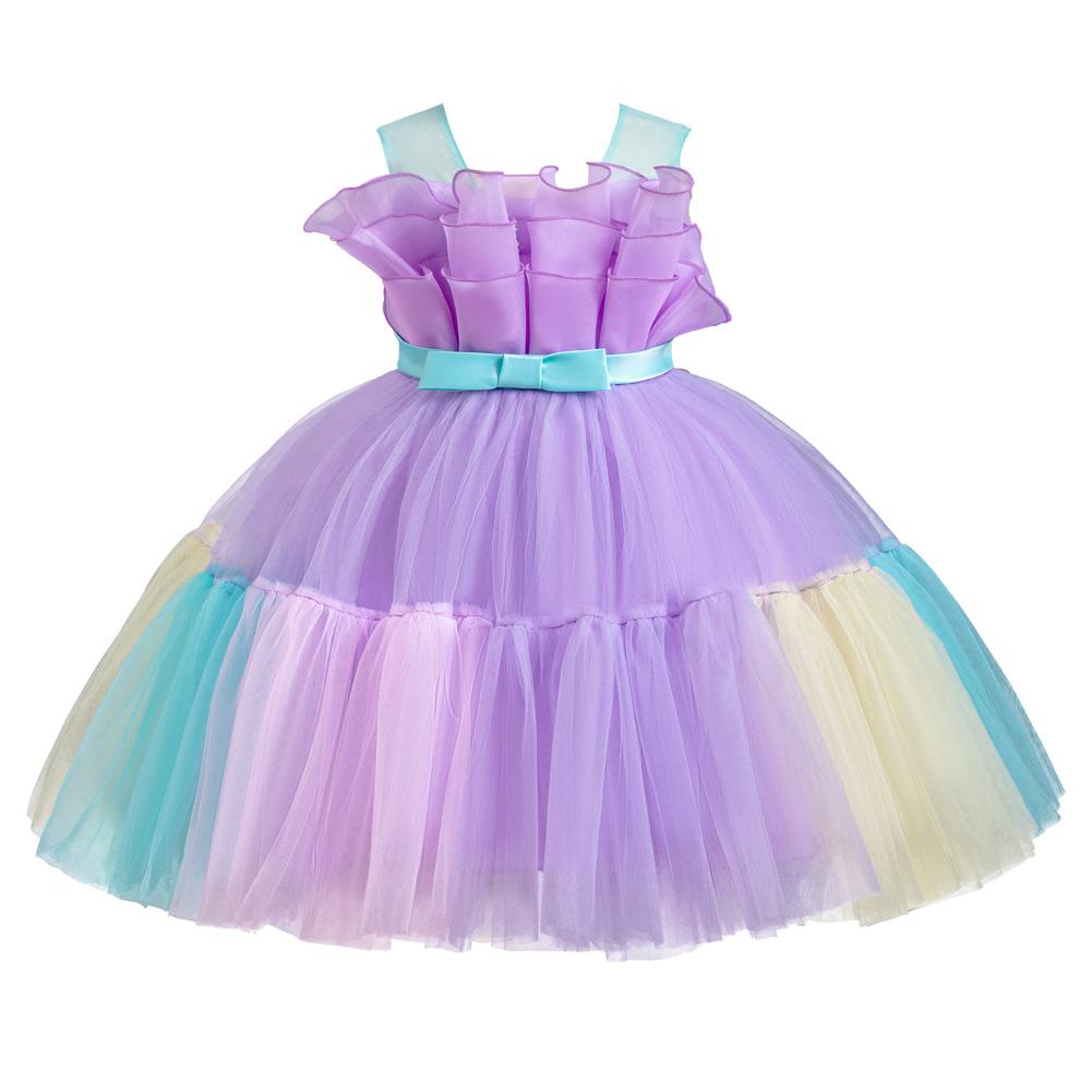 Girls Colorful Patchwork Princess Dress Sleeveless Color Block Bow Tie Dress Runway Piano Performance Party Dress