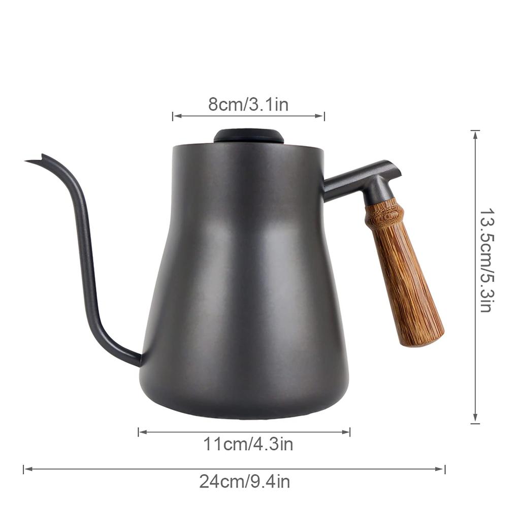 SOTECH Black Stainless Steel Water Bottle with Thermometer - Wooden Handle Drip Coffee Pot - Goose Neck Shape Cold Brew Pot (850ml)