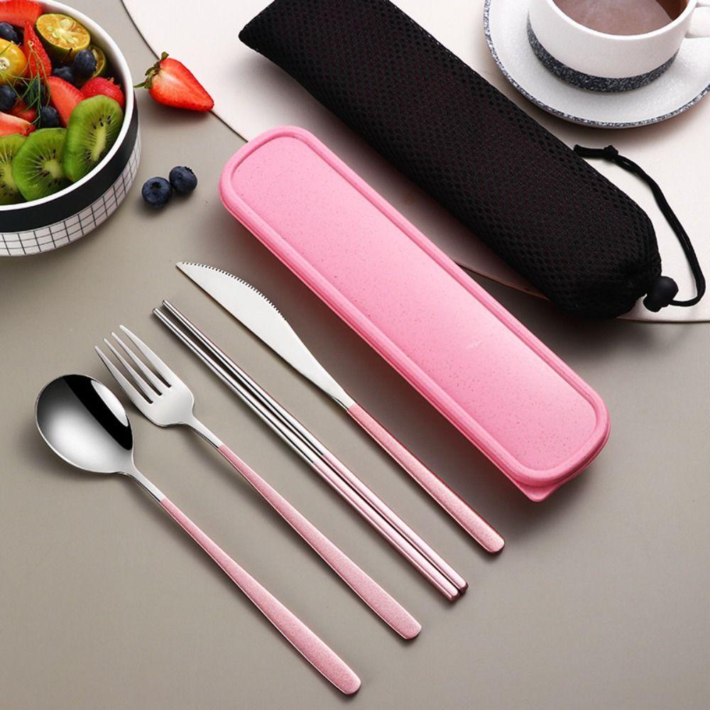 4pcs/Set 304 Stainless Steel Tableware Set with Case Bag Chopsticks Spoon Fork Knife  Camping