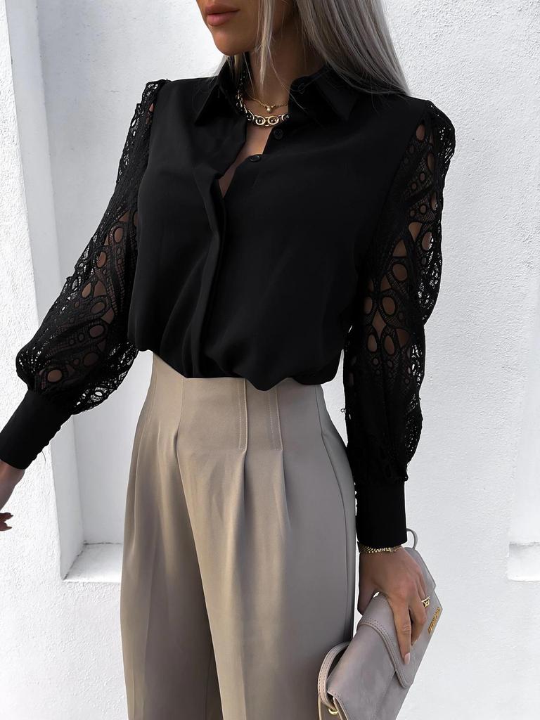 2025 Spring-Summer Women's Solid Color Lace Patchwork Blouse