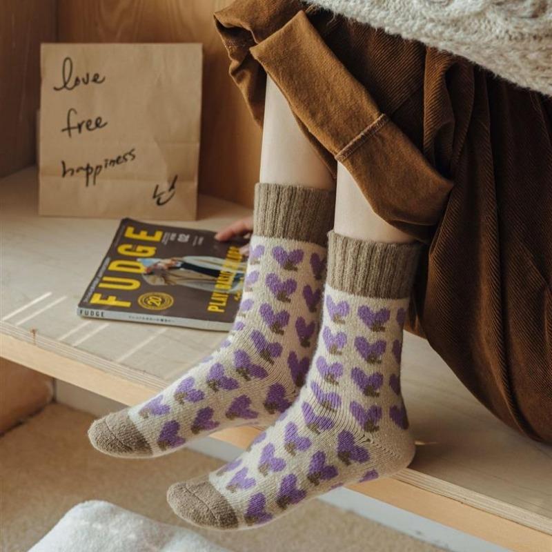Women Autumn Winter Mid Length Socks Fashionable Versatile Purple Heart-Shaped Soft Warm Comfortable Casual Long Socks