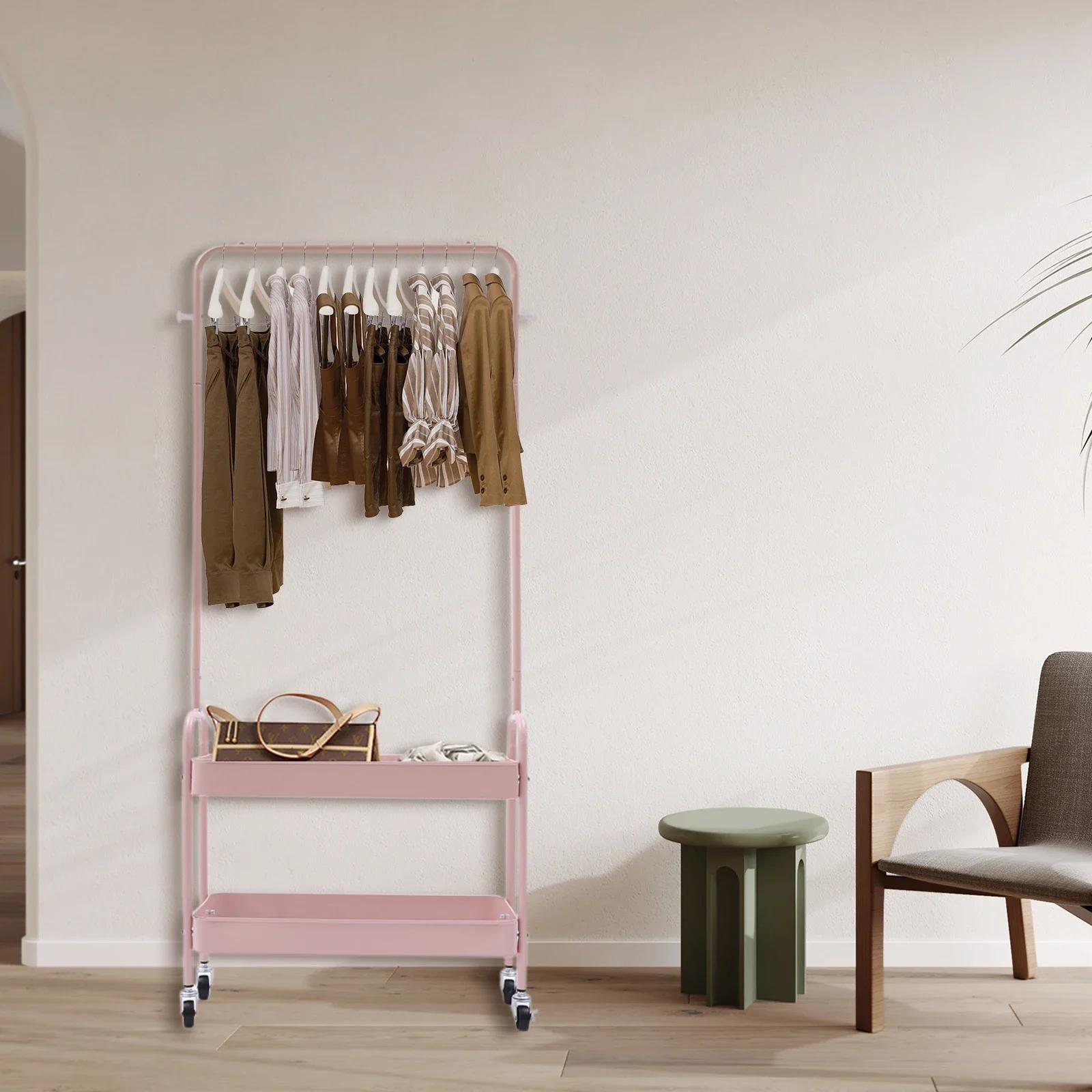 

Pink Floor Carbon Steel Hanging Clothes Rack with 2 Baskets,Metal Silent Movable Storage Rack for Laundry Room, Balcony, Bedroom розовый