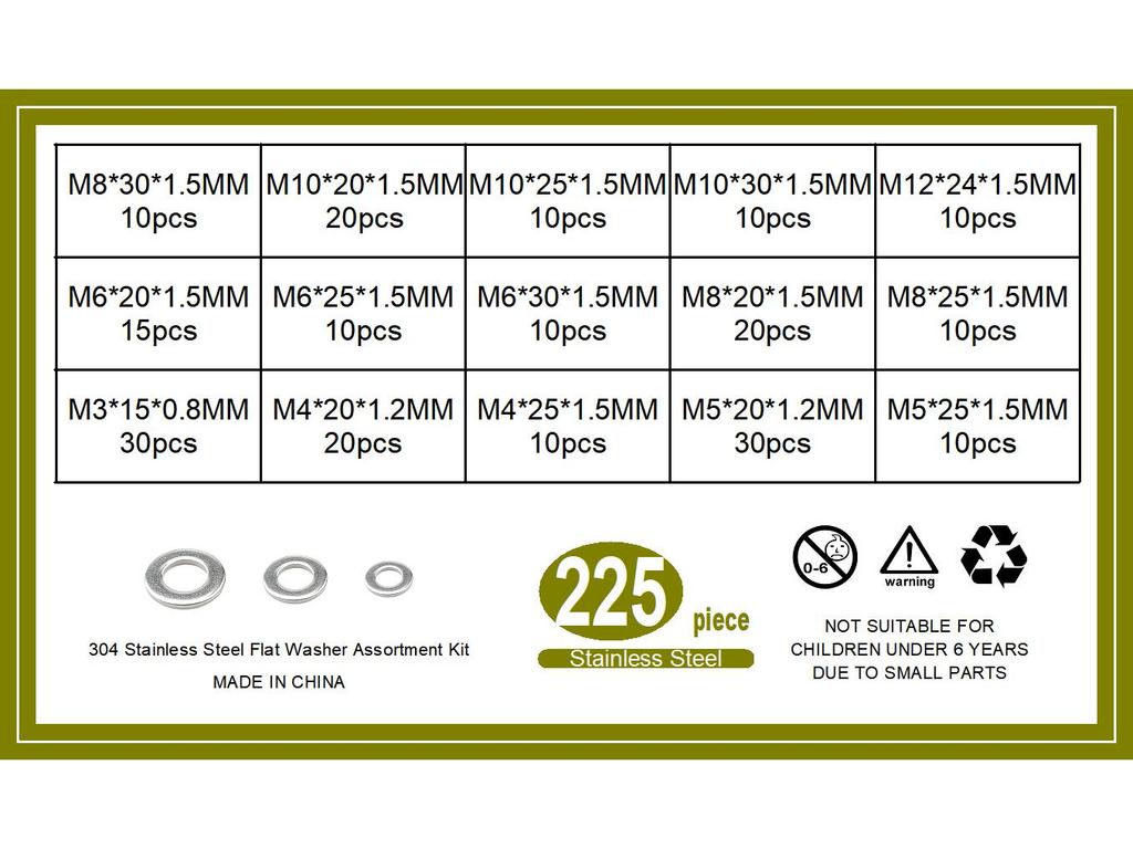 304 Stainless Steel Washer/Gasket Set, M3-M12, 15 Sizes