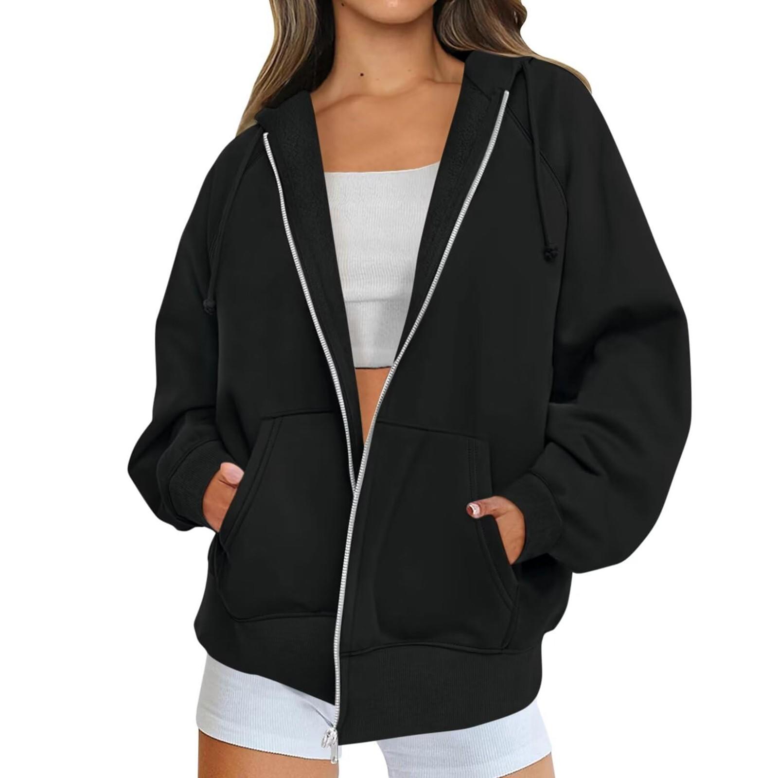 

Женская толстовка на молнии с длинным рукавом, толстовки с капюшоном и карманами, куртка, пальто для женщин L чёрный
