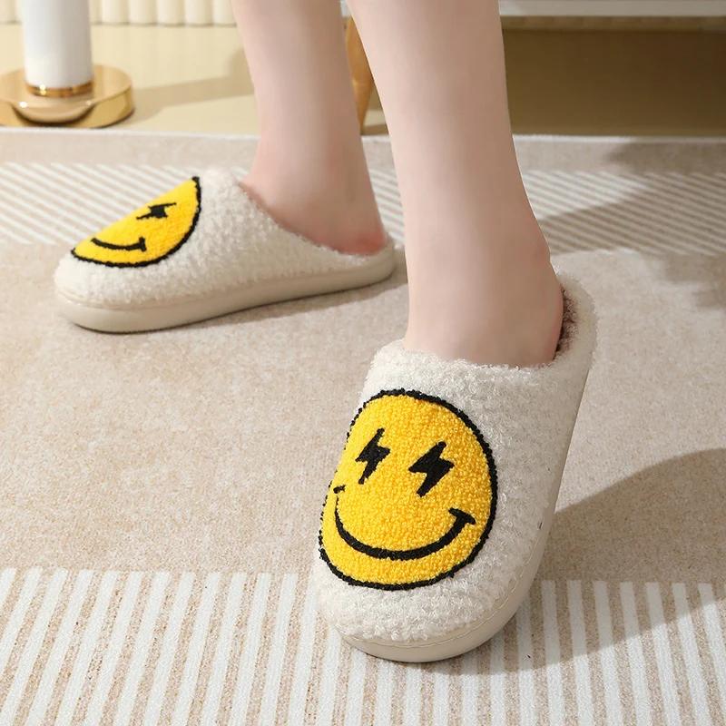 Indoor Leopard Plush Slippers Women Winter Smile Face Warm Fluffy Slippers Women Closed Toe Non-Slip Flat Heel Home Cotton Shoes