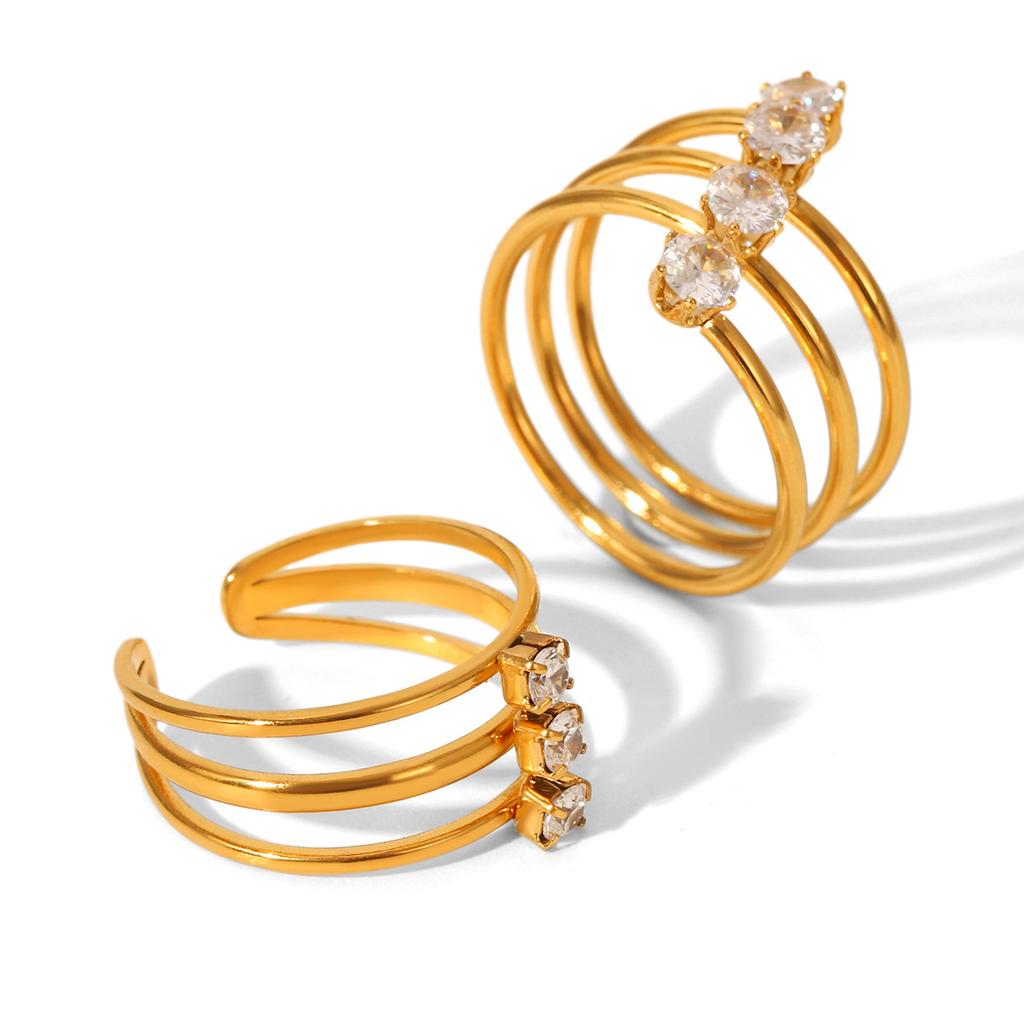 Three-layer Stainless Steel Ring Inlaid with Zircon, Light Luxury Versatile Titanium Steel Open Ring