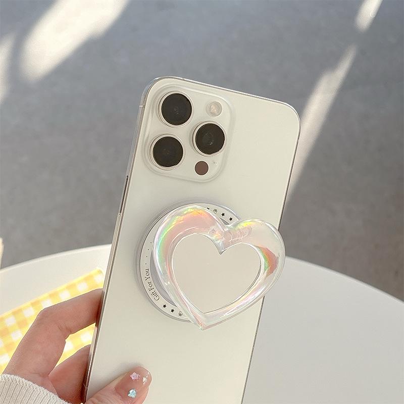 3D Heart-Shaped Phone Holder & Makeup Mirror: Magnetic, Retractable, Stable Adhesive for Desk Use