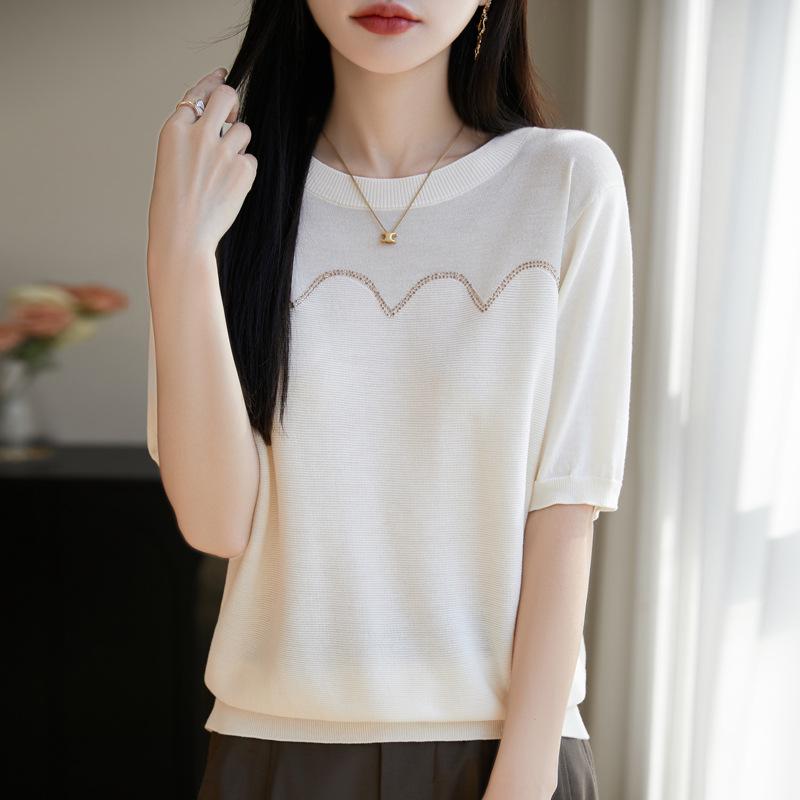 2025 Summer Round Neck Knit Short Sleeve Women's Slimming Casual Top