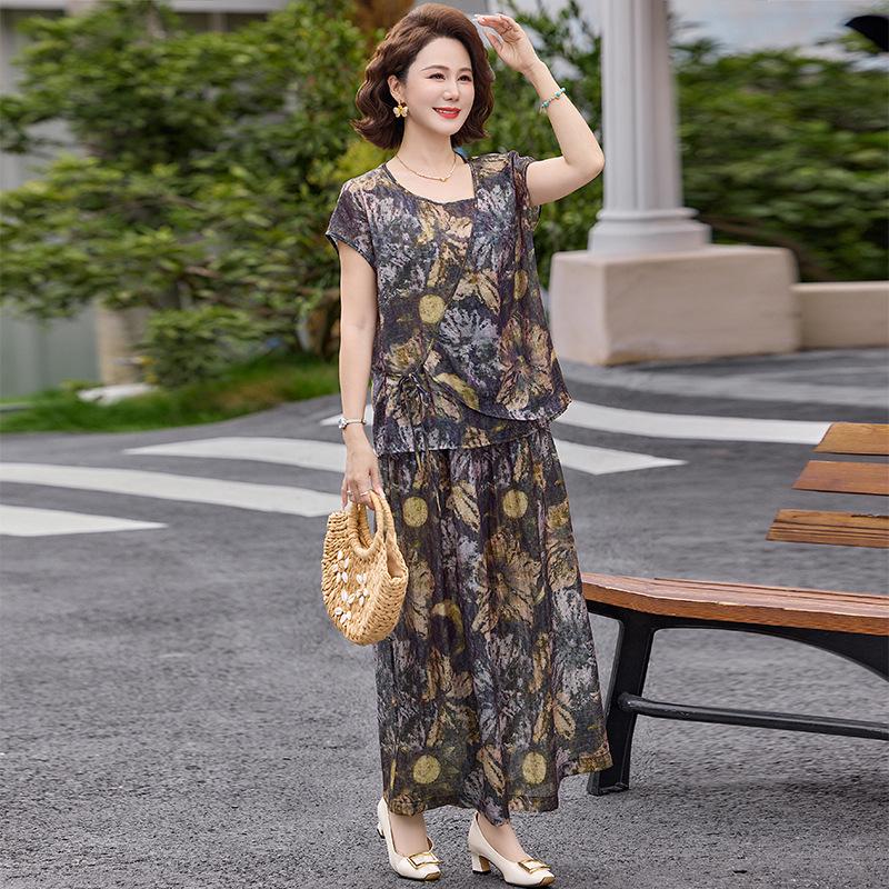 

Elegant Plus Size Summer Short Sleeve Two-Piece Set for Middle-Aged Women 2026 2XL