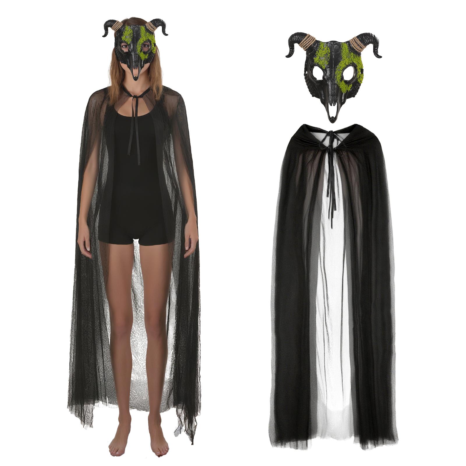 Black Tulle Cloak with Hood Medieval Hooded Cape with Skull Goat Head Mask Women Long Gothic Halloween Cloak Cosplay Costume One Size