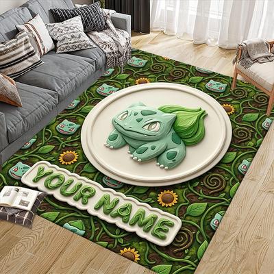 Custom Name,Bulbasaur Home Sofa Decoration for Living Room & Bedroom, Non‑Slip Play Flannel Floor Mat for Game Room