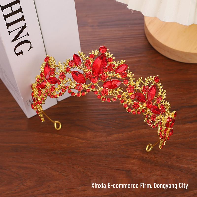 European Red Baroque Crown Headdress: Crystal Wedding Hair Accessories