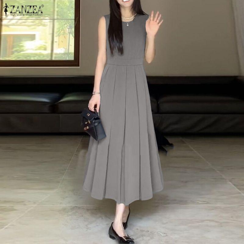 ZANZEA Women Casual Round Neck Sleeveless Loose Long Dress