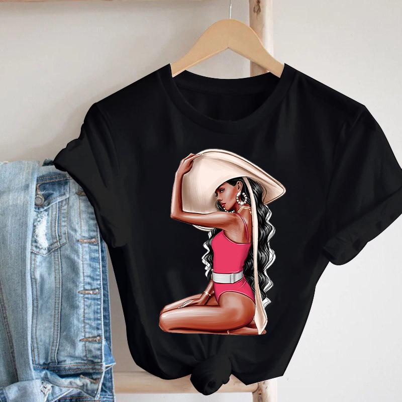 Women Black T Shirt Graphic 2025 Cool Girl Print 90S Fashion Tshirt Female Clothes Short Sleeve Kawaii Tops Tee Ladies T-Shirt