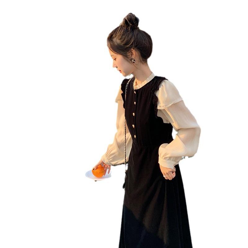 Xiaoxiangfeng Fake Two-piece Velvet Dress for Women's Autumn and Winter New High-end French Temperament Slim Skirt