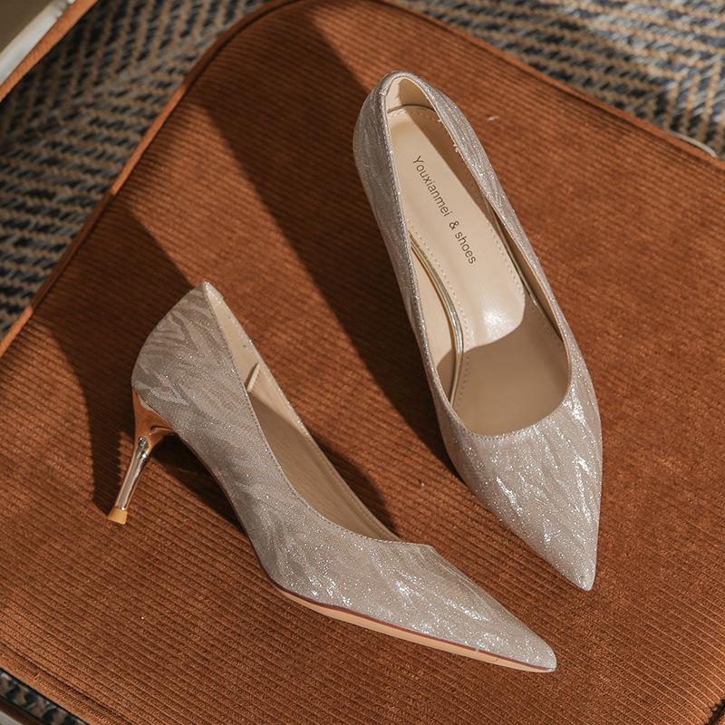 French Sequin High Heels: Xiuhe Wedding Dress Pointed Toe Flats for Women