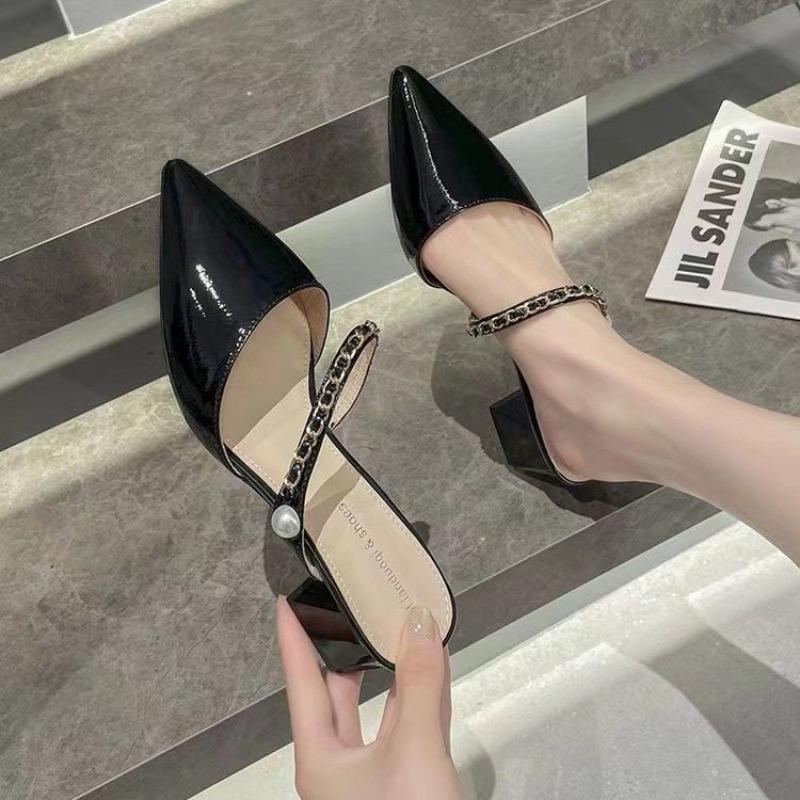 

Nude thick heel bag head cool slippers women s 2 spring and summer new one-word with pointed high heels with skirt 34 чёрный