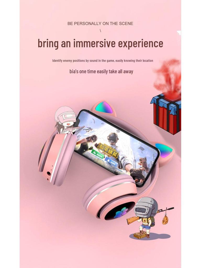 Cute Luminous Cat Ear Bluetooth Headphones for Kids - Trendy Wireless Headset for Girls