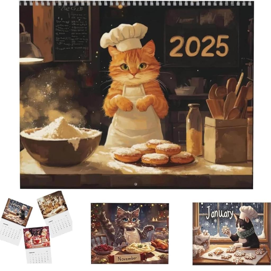 12 Monthly Fun Cooking Cats Calendar With Creative Illustration,Double-Spiral-Bound Cooking Cat Calendar,Unique Gift For Cat Lovers And Foodies