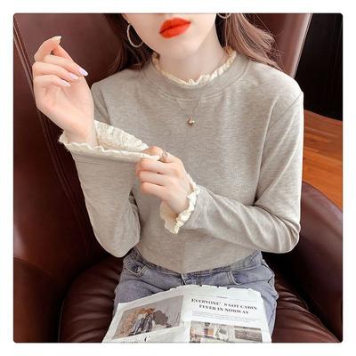 Stand-collar Lace Base Shirt for Women with Half Turtleneck Spring and Autumn New Plush Long-sleeved T-shirt Design Top