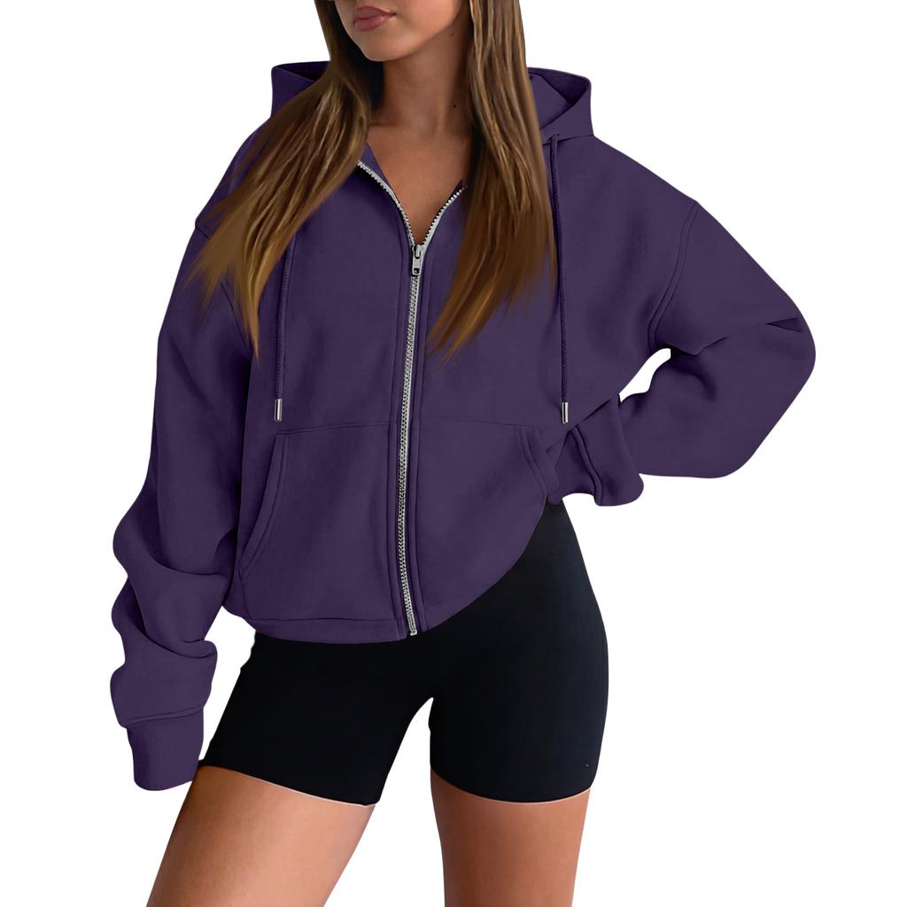 Women’s Long Sleeve Zip Up Hoodie Jacket with Drawstring Hood Casual Loose Fit Sweatshirt Outerwear for Everyday Wear