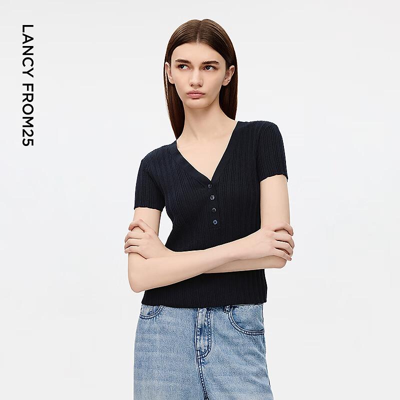 Eileen Elitee Cotton Blend V-Neck Slim Fit Short Sleeve Knit Top