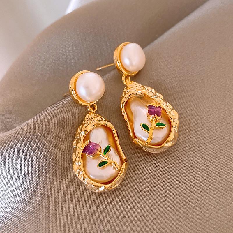Monet Garden Purple Baroque Pearl Earrings - Vintage Style, Luxury Women's Studs
