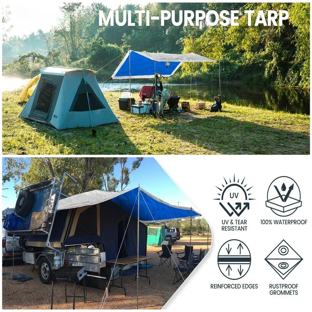 PE Car Awning Canopy with Pole Kits Anti-UV Waterproof for Car SUV Universal Tent Awning Shade Sun Shelter Rooftop Camping Tarps