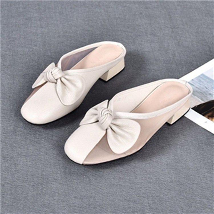 Zapatillas piel suave zapatillas frescas bolsa exterior cabeza verano nuevo malla tacón bajo zapatos sencillos