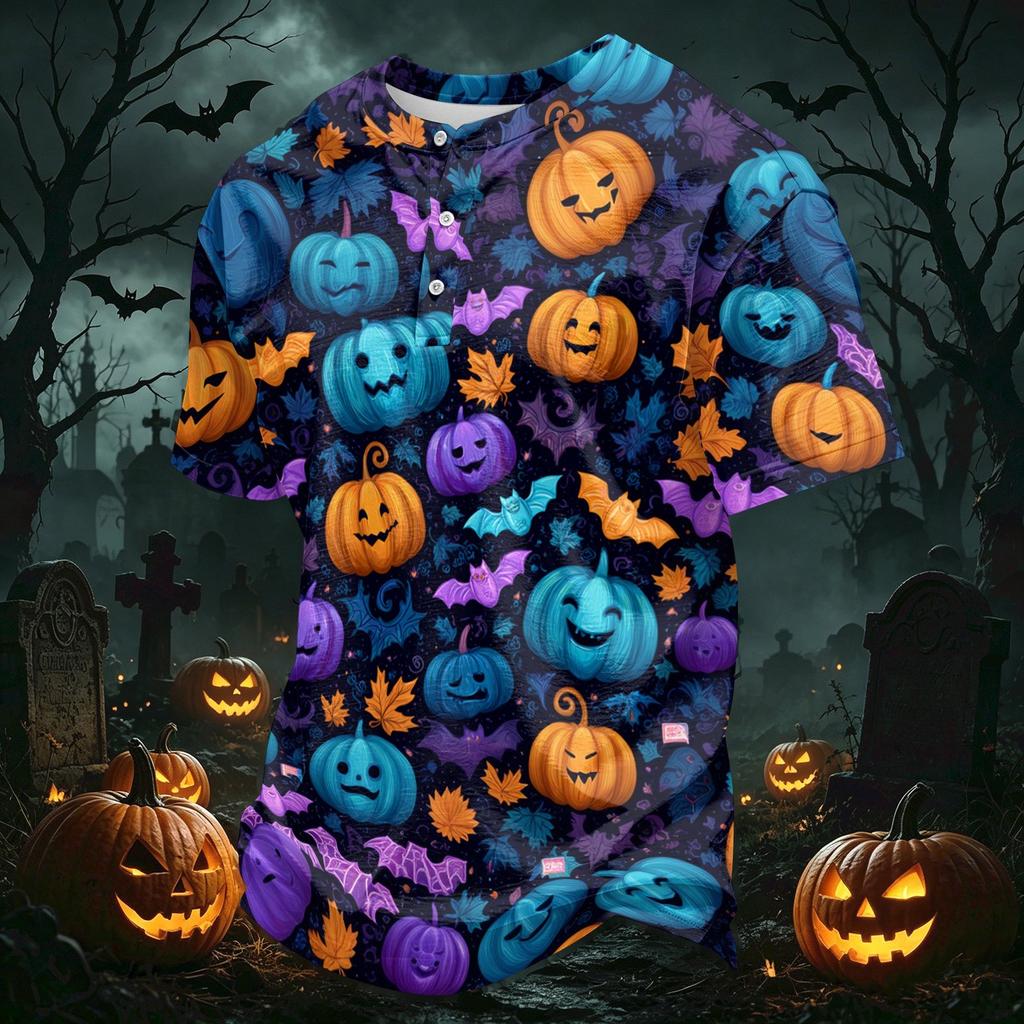 Męska casualowa koszula z kołnierzykiem na guziki, lekka, oddychająca, z krótkim rękawem, z nadrukiem w stylu Halloween, wygodny krój