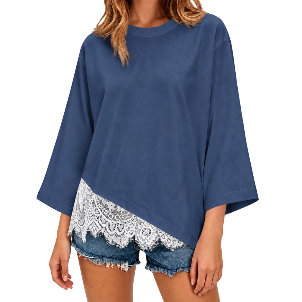 Women's Plus Size 3/4 Sleeve T-Shirt with Lace Trim Casual Top for Everyday Wear