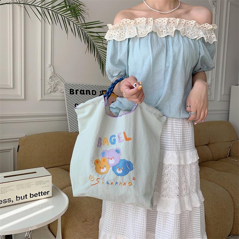 Embroidered shopping bag girls tote bag cute shopping bag student class bag shoulder bag