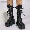 Fashion Punk Style Platform Motorcycle Boots Women Fashion Rivet Buckle Decor Black Booties Woman Thick Sole Wedge Heel Mid Calf Boots
