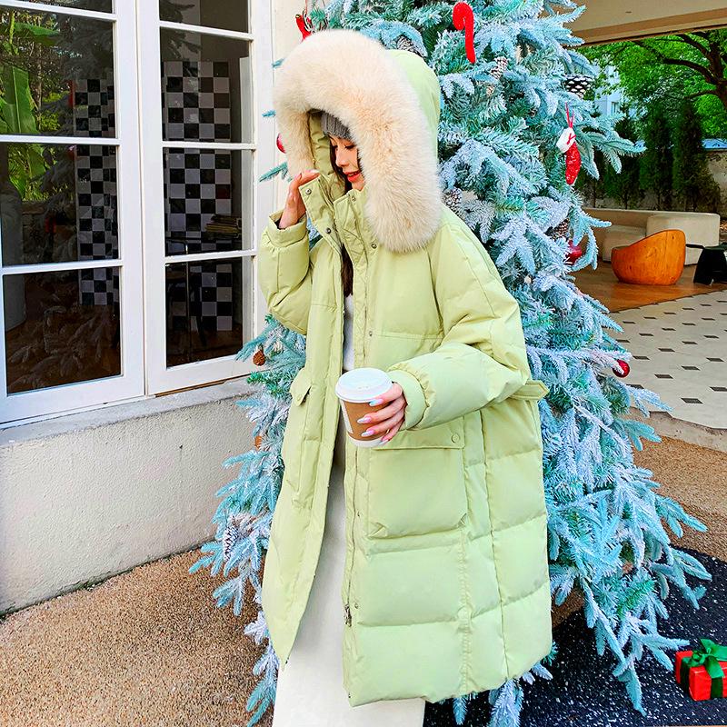 Plus Size Long Down Jacket for Women with Fur Collar and Hood, 300 Jin Capacity