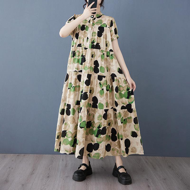 

Dimanaf 2025 Женское Длинное Платье Большого Размера Весна Лето Принтованное Платье Свободное Базовое Повседневное Макси Новое Винтажное One Size зелёный