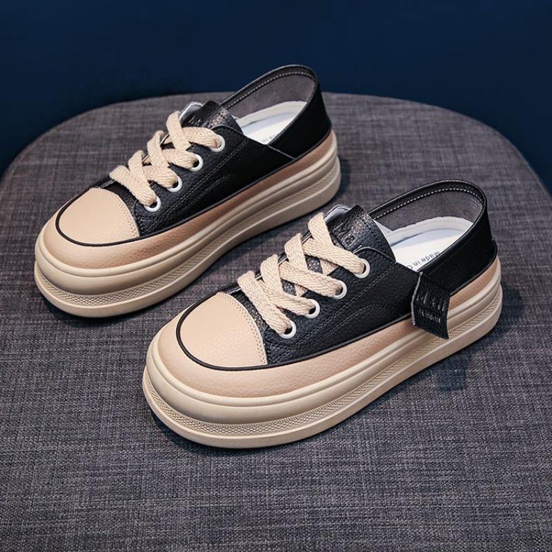 Two Wear White Shoes Women's Season Retro Round Head Sports Women's Shoes Muffin Leather Thick Baseplate Shoes