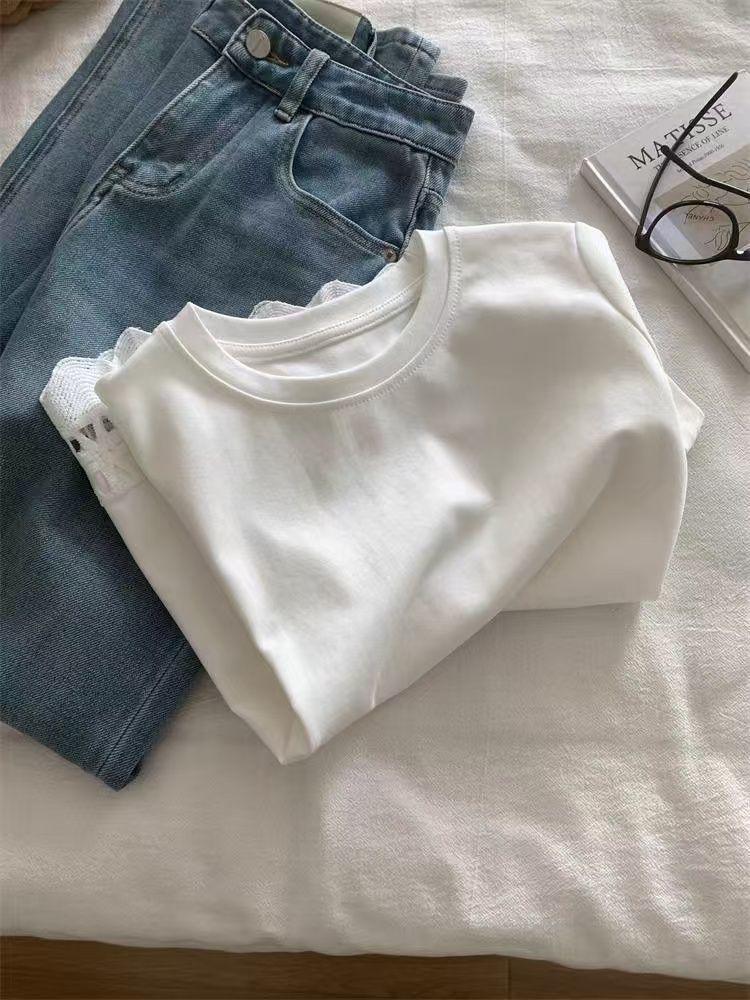 Elegant Floral Lace Patchwork Cotton T-shirt - White, Short Sleeve, Summer Style