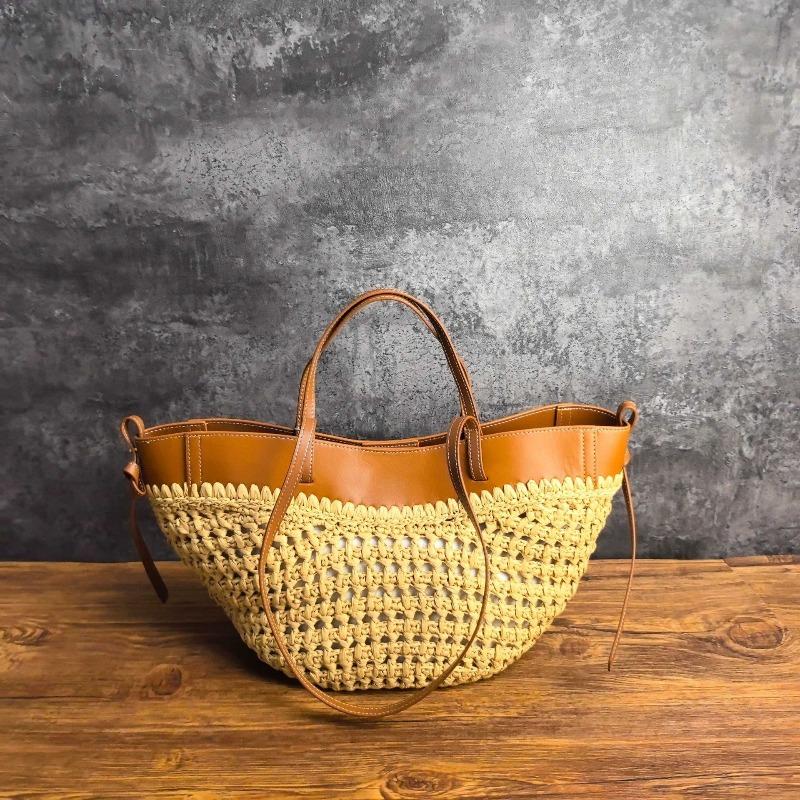 Internet celebrity popular POLE high quality French straw tote bag leather splicing versatile portable underarm vegetable basket bag