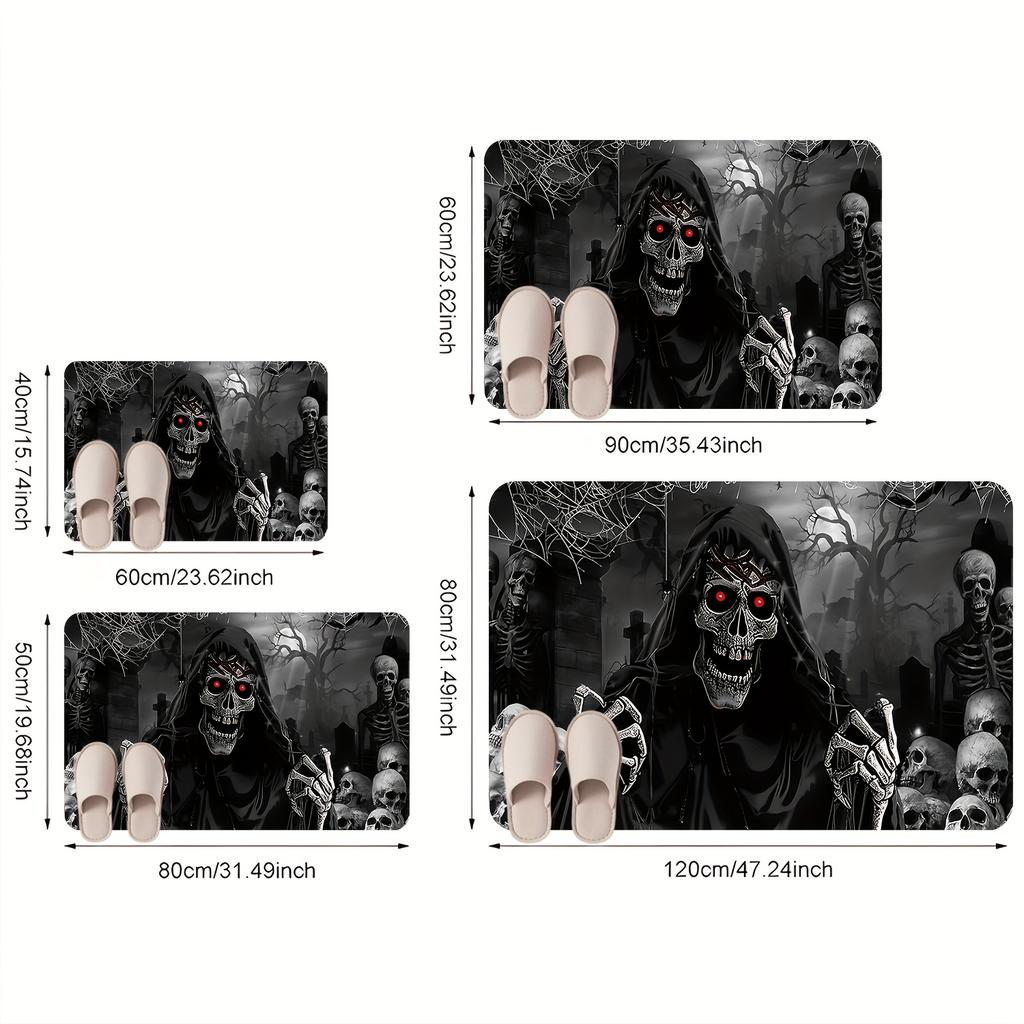 1pc 2D Flat Grim Reaper Skulls Graveyard Halloween Flannel Door Mat Non Slip Horror Decor Rug For Entryway Party Floor